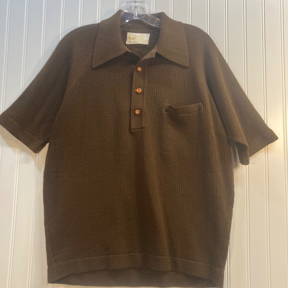 Vintage Pebble Beach California Brown Ribbed Knit Polo Shirt Sweater Men L 70s